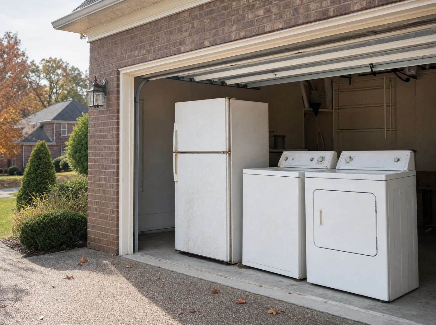 Old refrigerator, washer and dryer in a garage ready for appliance removal