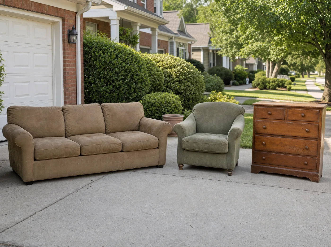 Old sofa and dresser set out on a driveway for furniture removal