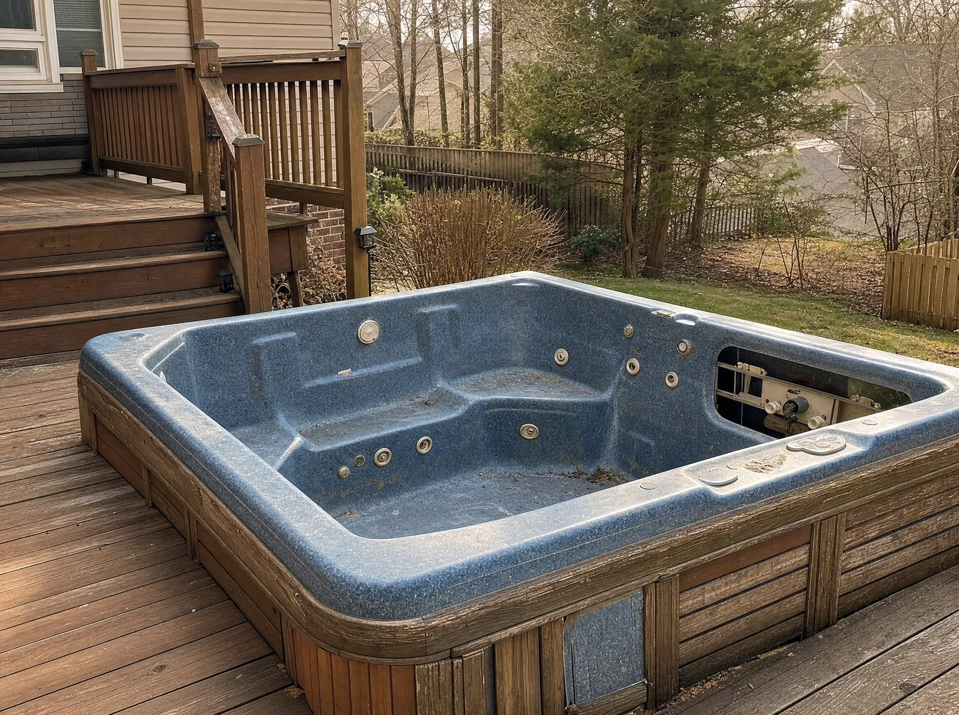 Old hot tub on a backyard deck ready for removal