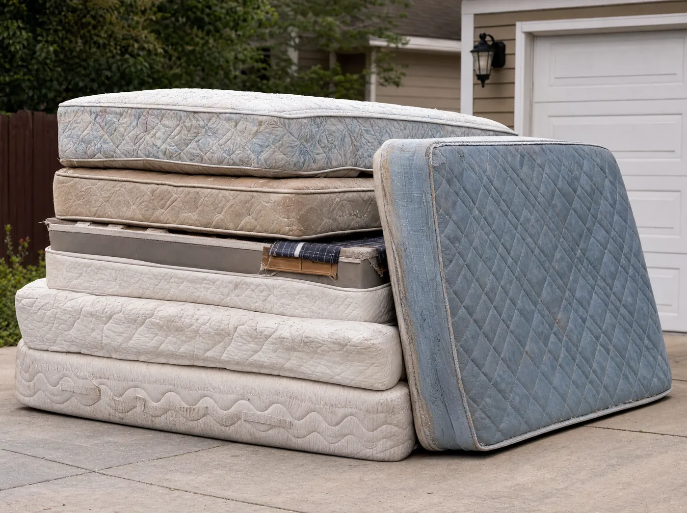 Old mattresses and box springs stacked for removal