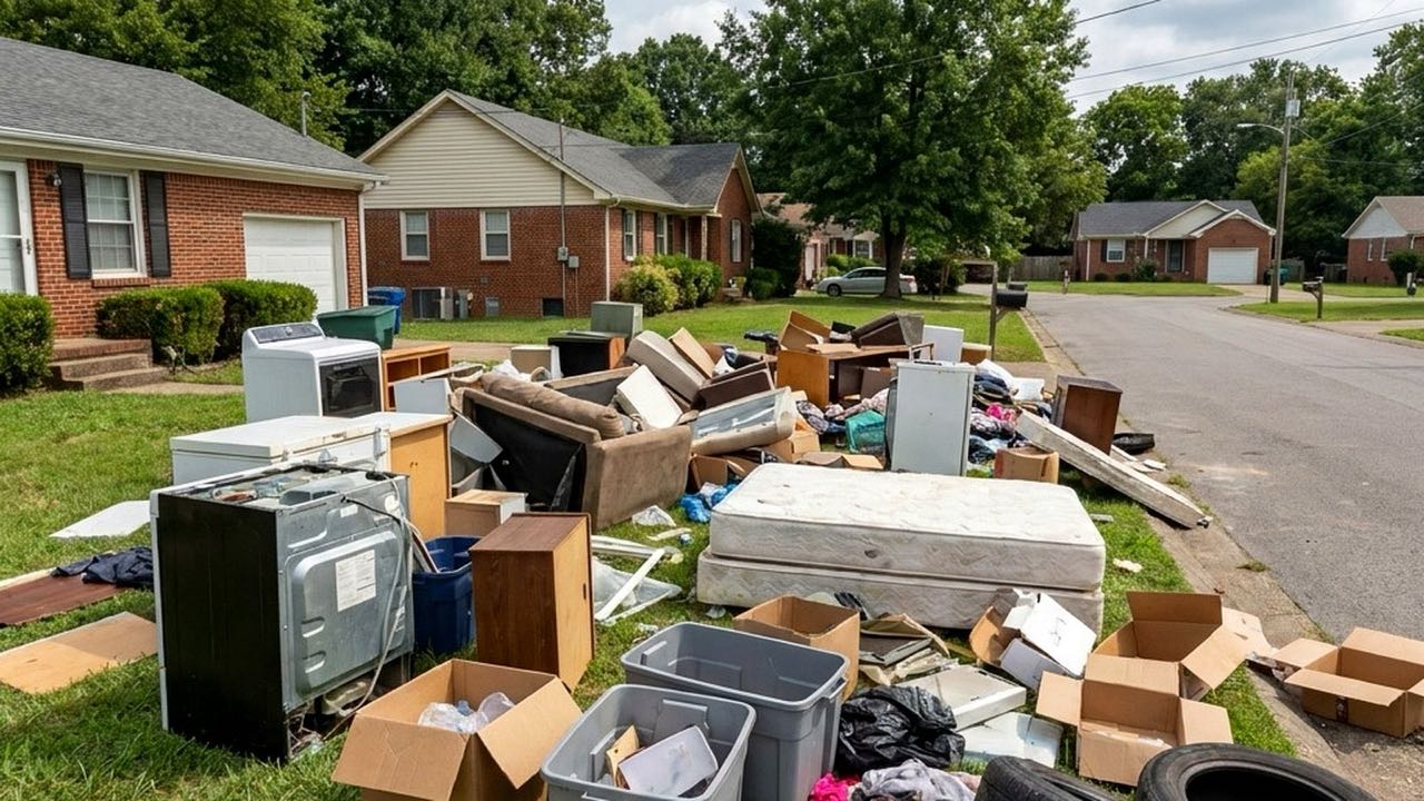 A front lawn piled with appliances, a mattress and furniture before Buddies arrived