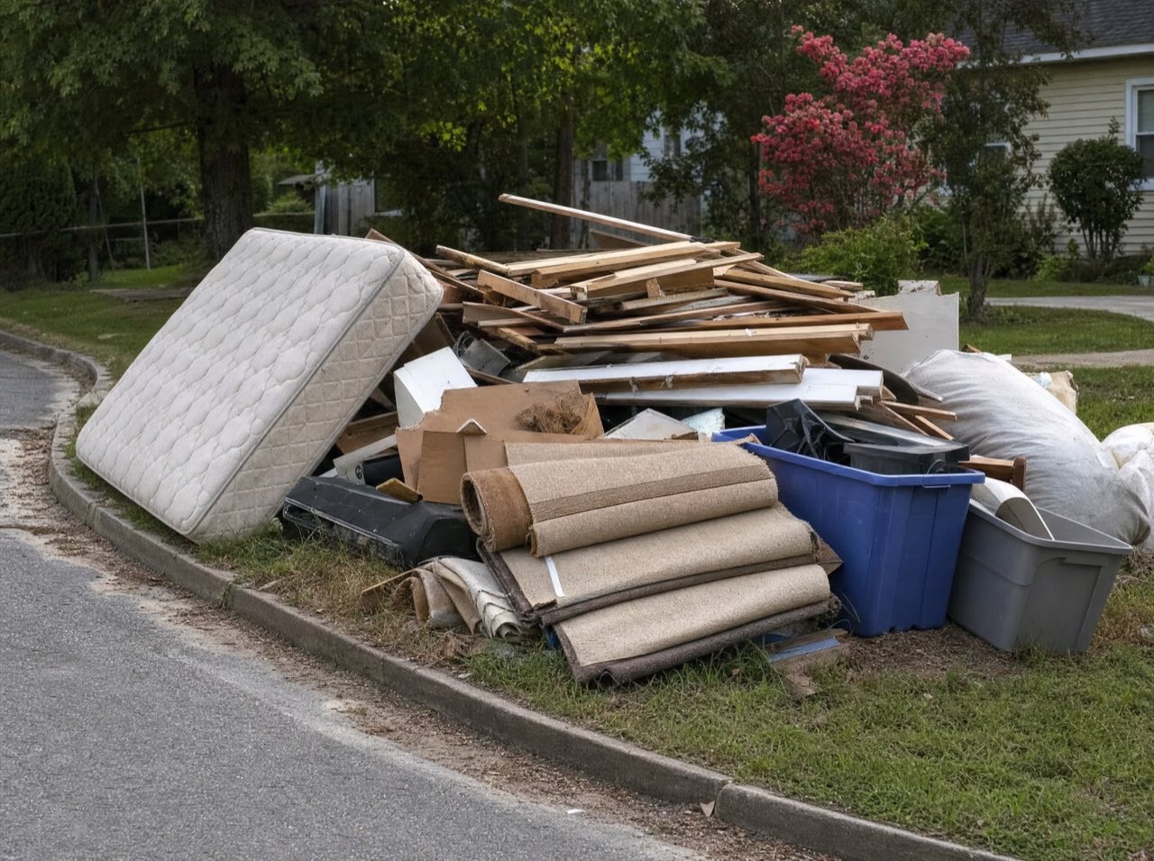 A curbside pile of mixed junk, an old mattress, scrap lumber, rolled carpet and bins staged for hauling