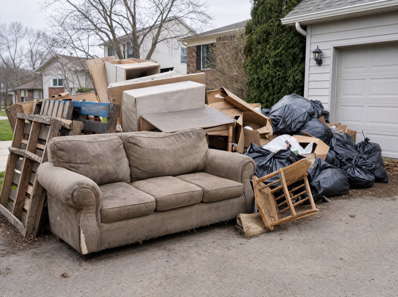 A driveway piled with an old sofa, pallets, boxes and trash bags ready for a cleanout haul