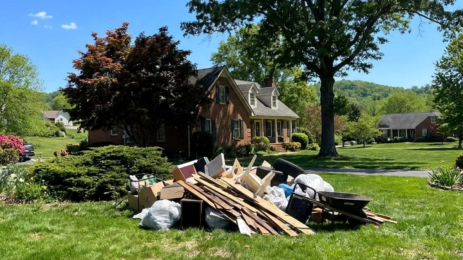 Yard debris pile of branches and brush cleared from a property
