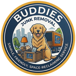 Buddies Junk Removal logo, navy circle with a golden retriever