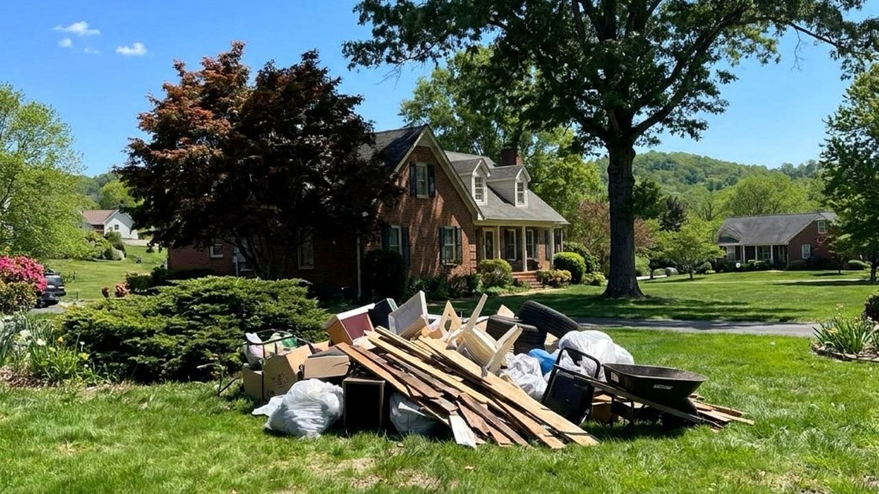 A front yard piled with wood, boxes and a wheelbarrow before Buddies cleared it